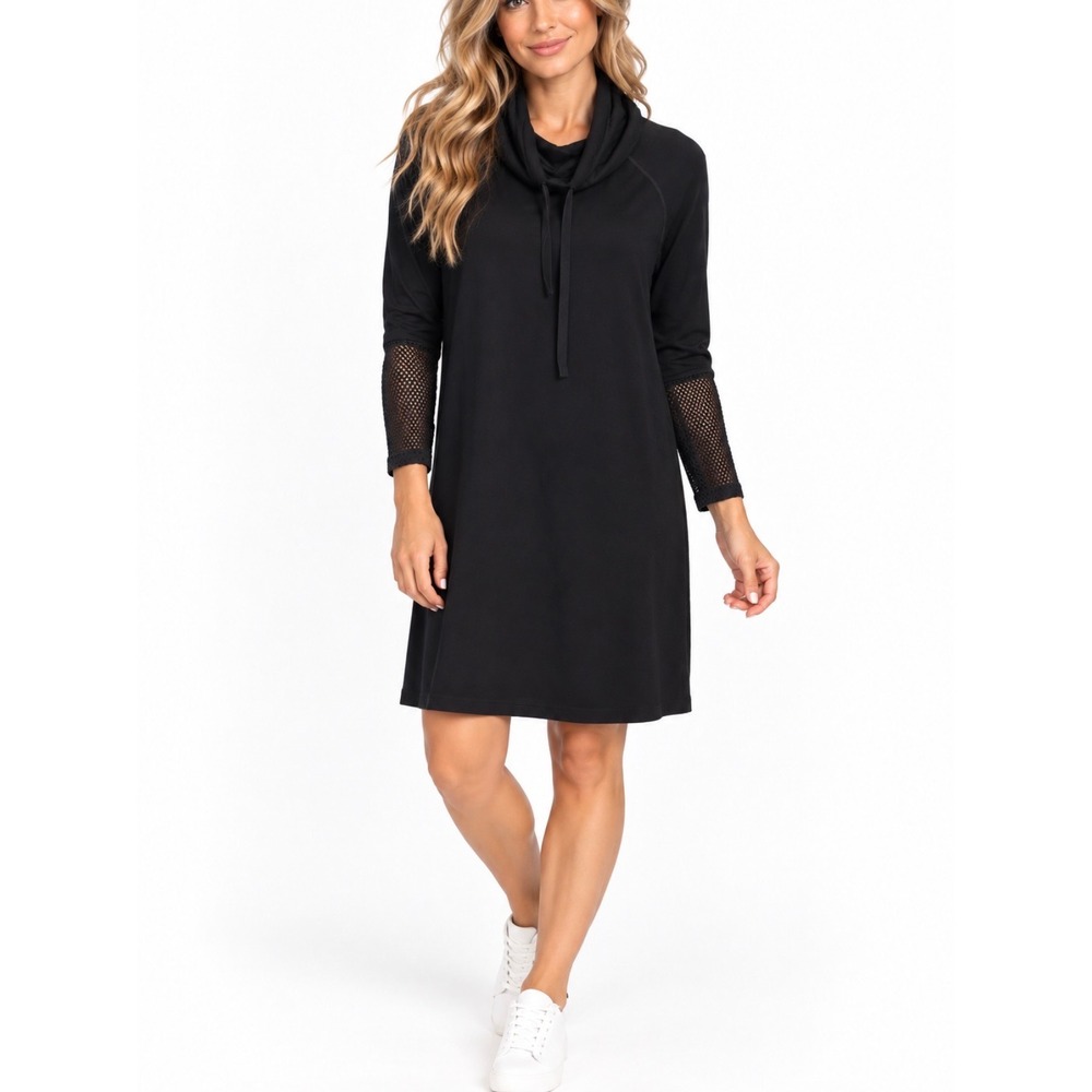 NUX Cowl Neck Active Dress Womens Large Black Mesh Sleeve Athleisure Loungewear